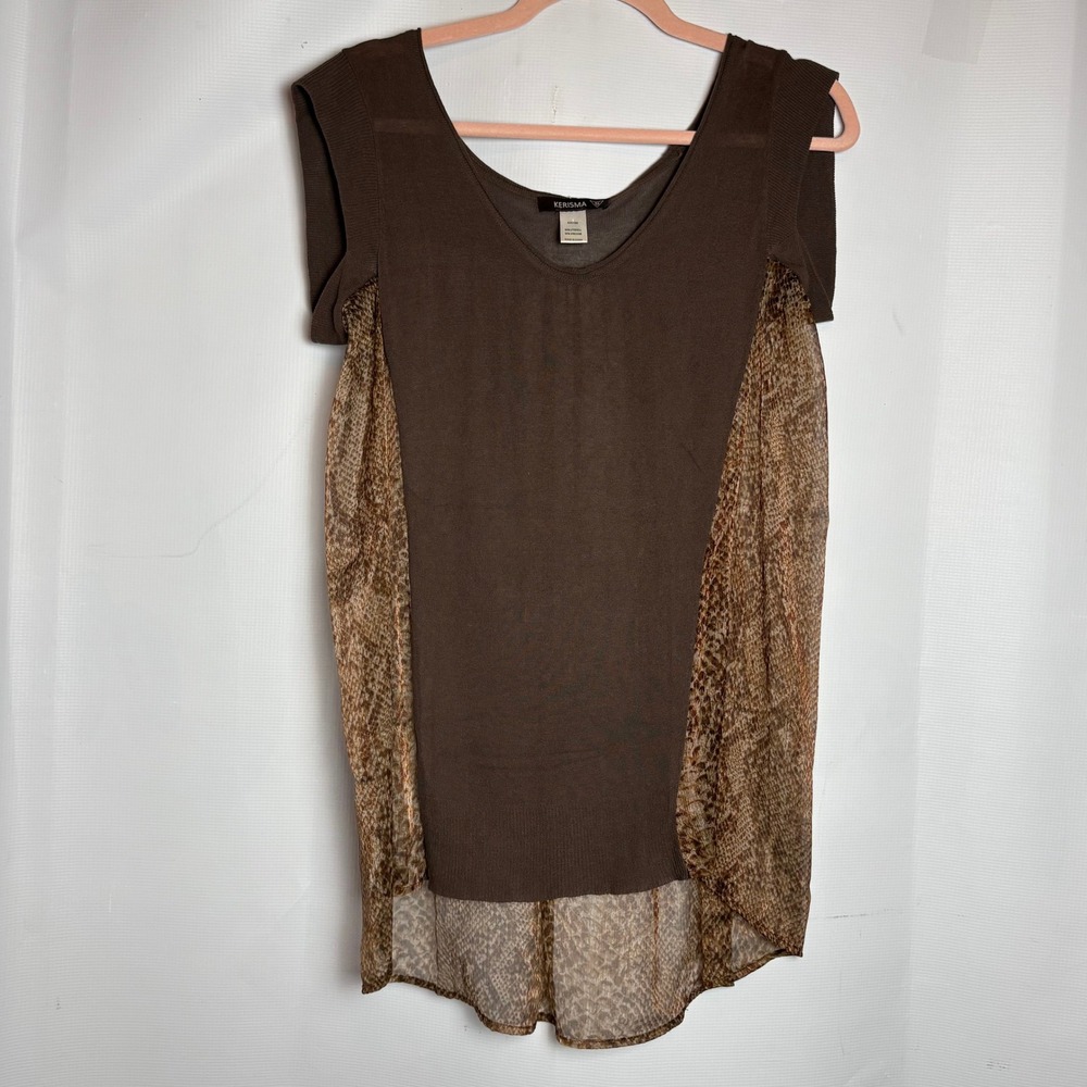 Kerisma‎ Y2K Brown Snakeskin Cap Sleeve High-Low Knit Front Sheer Back Top Small